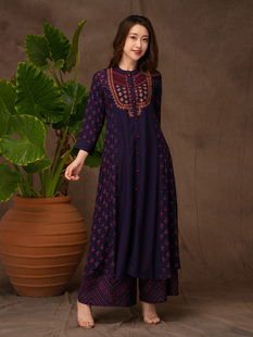 印度进口女装传统民族风2件套刺绣印花中长款旁遮比秋季