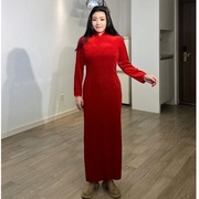 长款长裙旗袍女敬酒服新娘，结婚酒红色长袖，中式年轻款订婚年会礼服