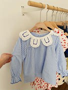 2023年女童纯棉娃娃衫上衣 长袖打底衫 蓝色格子翻领衬衫
