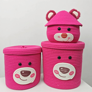 KY001卡通棉线收纳筐草莓熊棉绳编织带盖家用整理玩具零食杂物盒