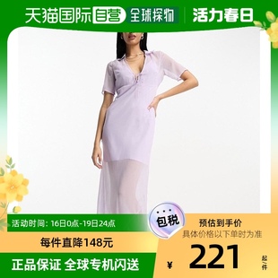 香港直邮潮奢 ASOS 女士设计雪纺短袖领灰白色淡紫色中长连衣裙