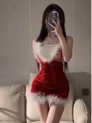 网红圣诞风毛毛领抹胸连衣裙法式性感小个子收腰显瘦红色包臀短裙