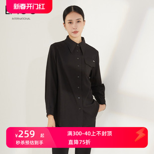 EMOO杨门加厚气质衬衫女秋冬设计感洋气长袖叠穿黑色衬衣