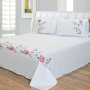 纯棉绣花床单三件套纯色，全棉玫瑰花刺绣，床品床单