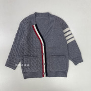 2023秋冬男童羊绒开衫毛衣儿童，针织外套粗线纯色加厚v领羊毛长袖