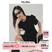 Mixblu黑色百褶泡泡袖连衣裙高级感气质收腰a字短裙2024夏季