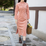 日常条绒纯色长旗袍秋款中式改良文艺复古女装传统修身版型茶艺服