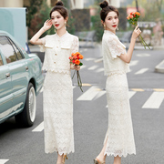 新中式蕾丝淑女范短袖(范，短袖)套装女2024年春夏季今年流行套裙两件套