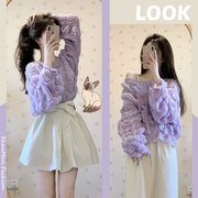 秋季新奶系穿搭可盐可甜紫色镂空毛衣女(毛衣女)温柔韩系穿搭两件套装裙子