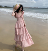 粉色碎花荷叶边露背吊带连衣裙女夏超仙性感雪纺蛋糕裙海边沙滩裙