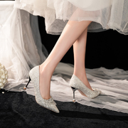 高跟鞋公主水晶鞋送人细跟婚鞋新娘鞋秀禾主，婚纱两穿不累脚浅口