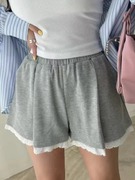 韩国chic夏季减龄复古气质，拼接蕾丝花边，松紧高腰显瘦休闲短裤女