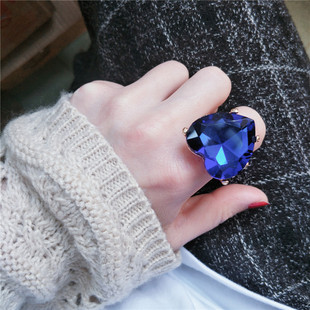网红个性潮人时尚夸张水晶大宝石，蓝色爱心欧美风复古食指戒指环女