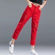 夏季薄款大红色直筒牛仔裤，女士2023高腰破洞宽松显瘦哈伦裤子