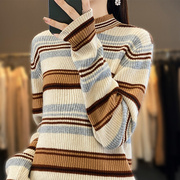 秋冬季羊绒衫女条纹，拼色毛衣100%纯羊毛，针织衫套头半高领打底