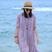 细腻100支苎麻香芋紫色连衣裙，高端气质风琴，褶夏天仙女裙双层不透