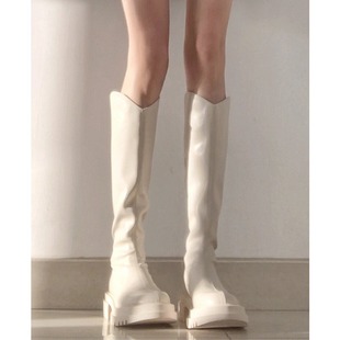 白色v口长筒靴，女春秋季奶茶色高筒靴，小个子厚底弹力瘦瘦骑士长靴