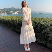 春夏白色纯棉蕾丝长裙复古法式显瘦气质连衣裙三亚度假超仙沙滩裙
