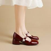 真皮包鞋女2023春季高跟鞋酒红色珍珠一字带方头粗跟玛丽珍鞋
