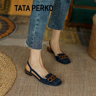 tataperko联名女鞋法式小众凉鞋女夏平底磨砂皮，包头低跟流苏单鞋