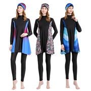 2024春夏季泳衣三件套女士中东防晒带帽印花保守泳装时尚简约