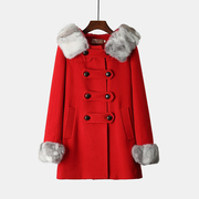 品质好货女装秋冬红色连帽保暖甜美百搭双排扣羊毛呢子外套大衣