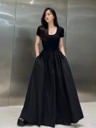 黑色短袖连衣裙2023旅游穿搭法式气质拖地裙夏季修身显瘦长裙