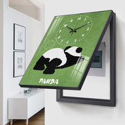 竖款电表箱装饰画卡通熊猫，带钟表配电箱电闸盒日，遮挡挂画绿色时钟