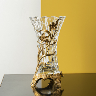 欧式水晶玻璃镶铜花瓶摆件客厅插花花瓶 美式高档奢华玄关摆设品