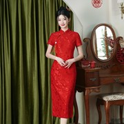 大红旗袍中长款小个子气质年轻蕾丝，连衣裙高考中考，陪考衣服中国风