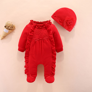 秋冬款婴儿满月百天保暖加厚连体衣宝宝红色，连脚外出可爱公主哈衣