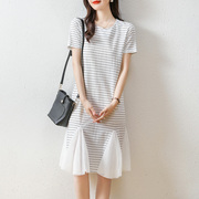 2023夏季韩版女士连衣裙，t恤雪纺拼接裙子短袖，宽松过膝条纹裙