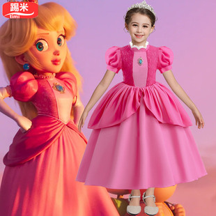女童cosplay碧姬公主裙礼服玫红色蕾丝拼接泡泡袖六一表演服