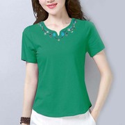 草绿色纯棉短袖t恤女修身上衣，2023夏中年(夏中年)妈妈，大码减龄民族风小衫