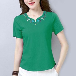 草绿色纯棉短袖t恤女修身上衣2023夏中年(夏中年，)妈妈大码减龄民族风小衫