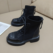 高级感黑色真皮短靴女2023法式拼接针织，瘦瘦靴厚底系带马丁靴
