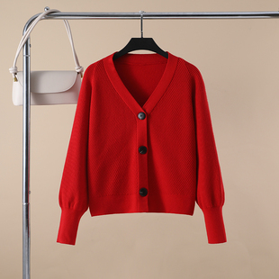秋冬加厚外套短款设计感纯色蝙蝠袖红色毛衣V领宽松红色长袖