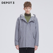 depot3男装大衣原创设计品牌保暖经典毛呢带帽羊羔毛呢料(毛呢料)大衣