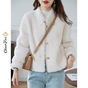 海宁皮草羊毛羔毛毛外套，2023冬季纯色，短款颗粒羊剪绒大衣女装