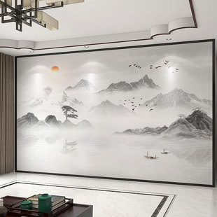 3d新中式水墨山水电视，背景墙壁画8d无缝墙布