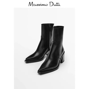massimoduti女鞋2024秋冬季黑色，尖头方形鞋跟粗高跟真皮短靴