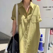 大码女装200斤胖mm夏季韩国chic单排扣口袋宽松短袖衬衫式连衣裙