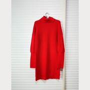 欧美外贸原单女秋冬季长袖高领针织毛衣长(毛衣长)款毛线裙破洞红色连衣裙