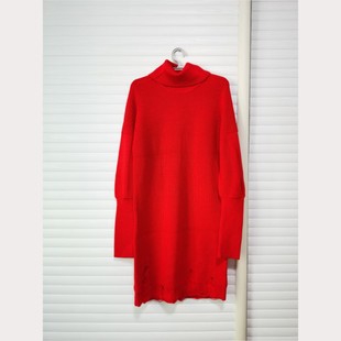 欧美外贸原单女秋冬季长袖高领针织，毛衣长(毛衣长)款，毛线裙破洞红色连衣裙