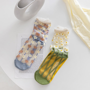 夏季薄款中筒袜女士卡丝袜棉底复古油画个性玻璃丝袜透气少女长袜