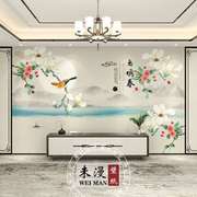 新中式墙纸电视背景墙壁纸沙发，客厅山水花鸟背景墙布装饰定制壁画