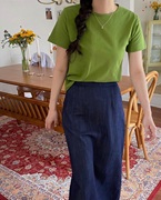 韩版夏季芥末牛油果绿草绿色80支丝光棉短袖T恤纯色宽松上衣女装