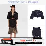 CHENSHOP设计师品牌MAMOUR时尚百搭黑色大花泡泡袖短西装