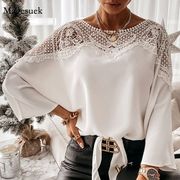 Women's long sleeved lace shirt女士纯色长袖花边蕾丝圆领衬衫