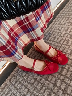 小谢家法式蝴蝶结芭蕾舞鞋，2024春季红色，玛丽珍鞋女平底单鞋